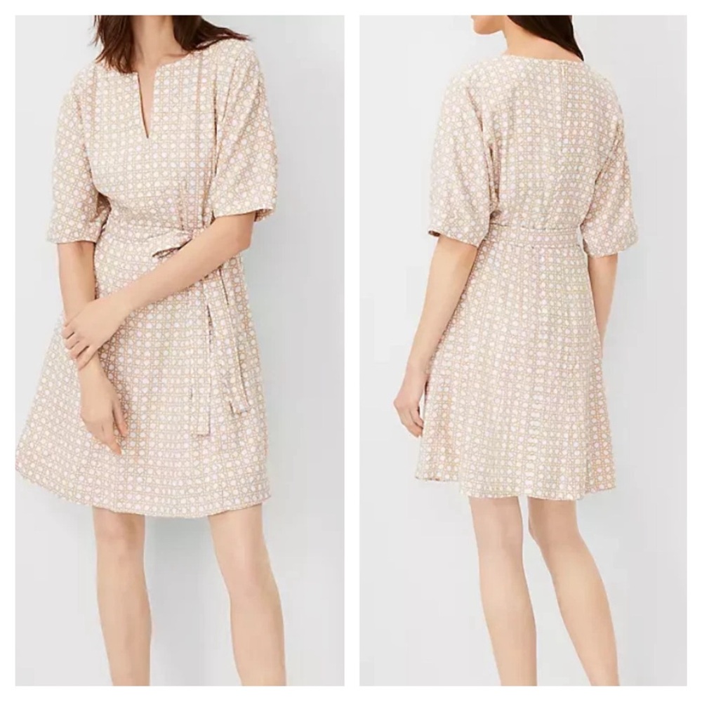 Ann Taylor White & Beige Lattice Print Linen Blend Belted Fit N Flare Dress 0P